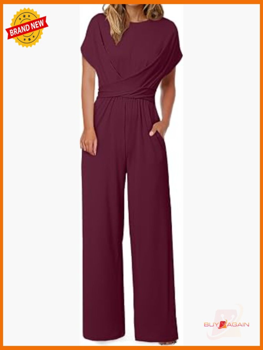 Women's Dressy Short Sleeve Wide Leg Jumpsuit with Pockets and Belt